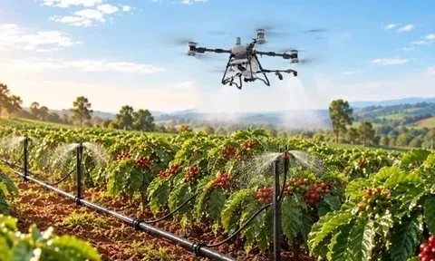 Ứng dụng công nghệ tưới phun mưa và máy bay nông nghiệp trong canh tác hiện đại